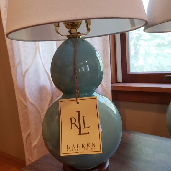 NWT Rare Aqua Color Ralph Lauren Petite Double Gourd Pair of Lamps - Picture 4 of 16